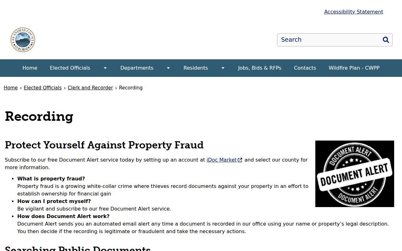 Las Animas County Clerk records recording portal page