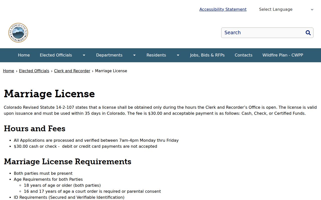 Las Animas County Clerk records marriage license page