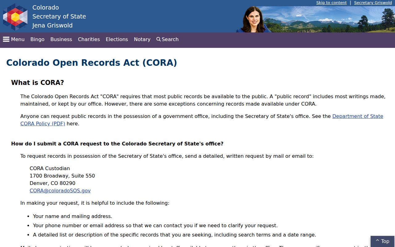 Las Animas County court records Colorado Secretary of State CORA public records page