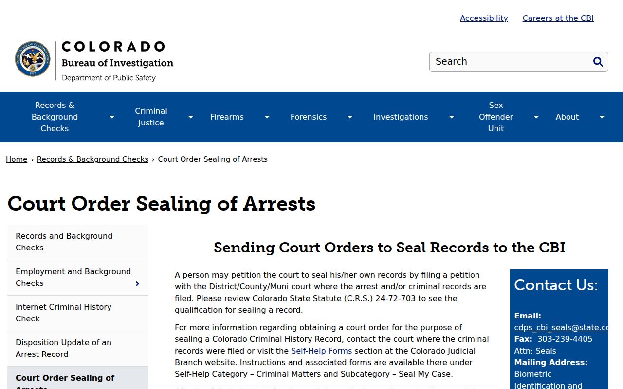 Las Animas County criminal court records CBI court ordered sealing of arrests page