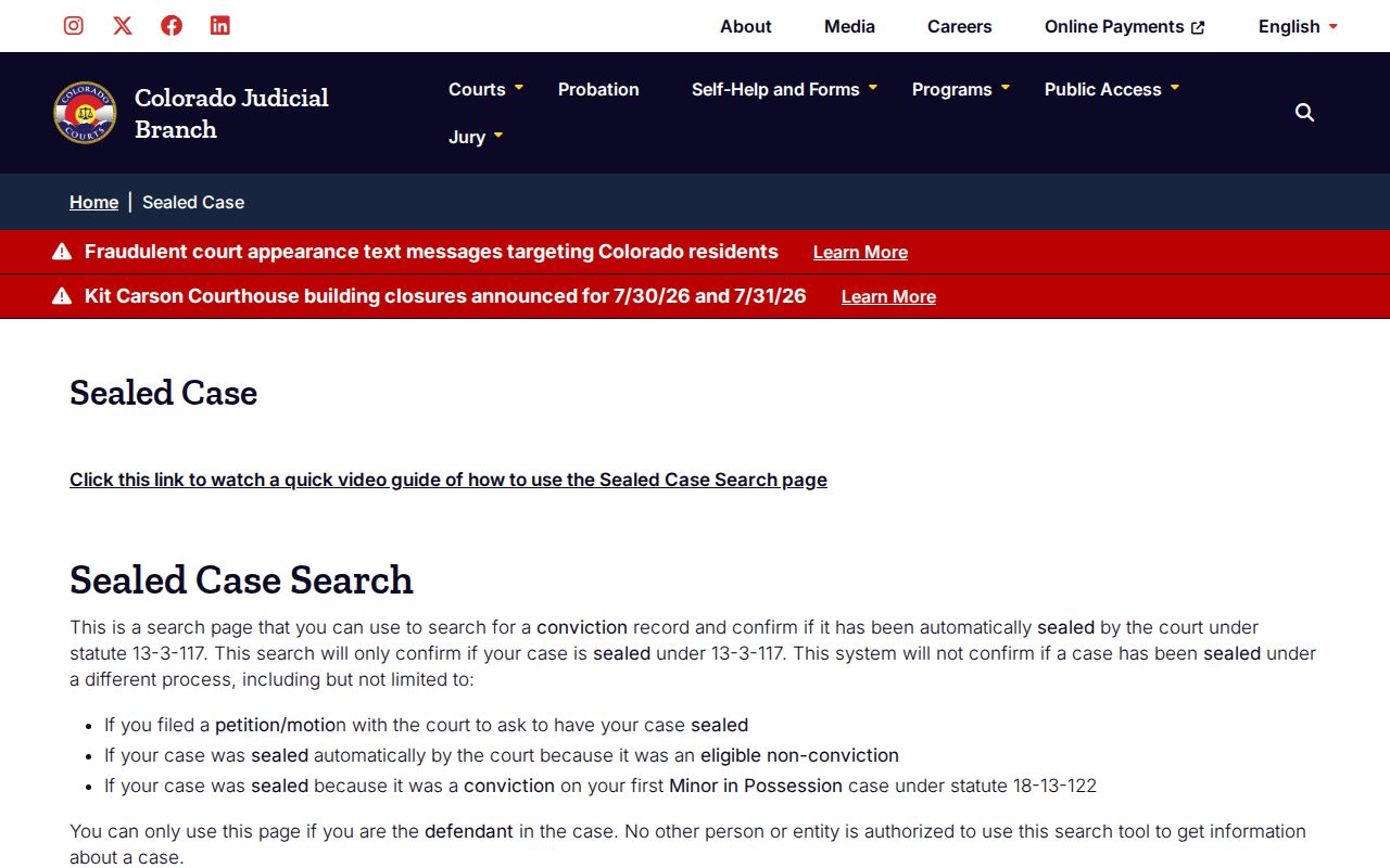 Las Animas County criminal court records Colorado sealed case search page