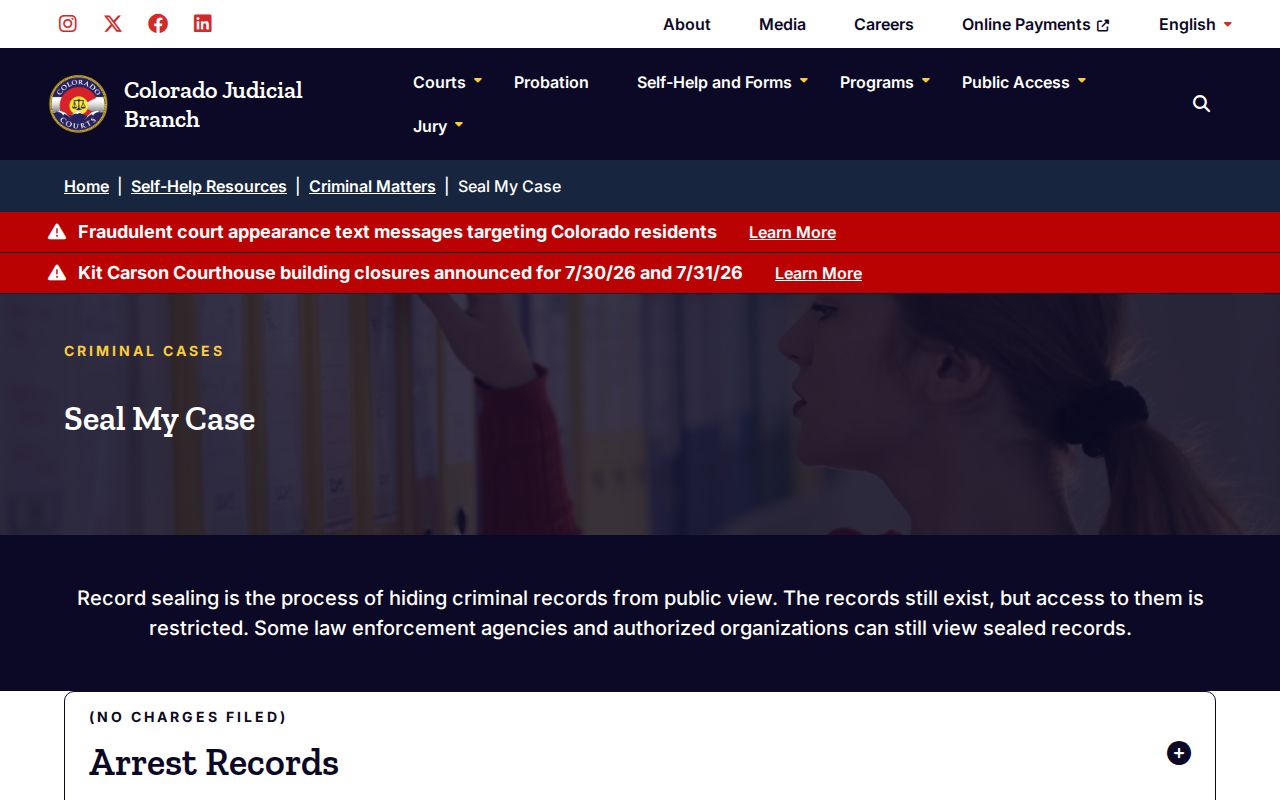 Las Animas County criminal court records Colorado seal my case self-help page