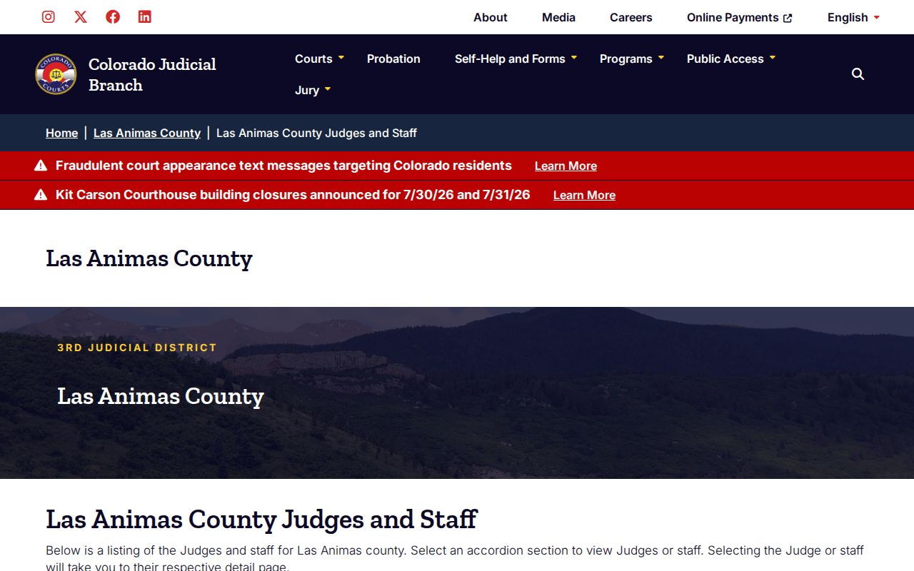 Las Animas County District Court judges and staff page