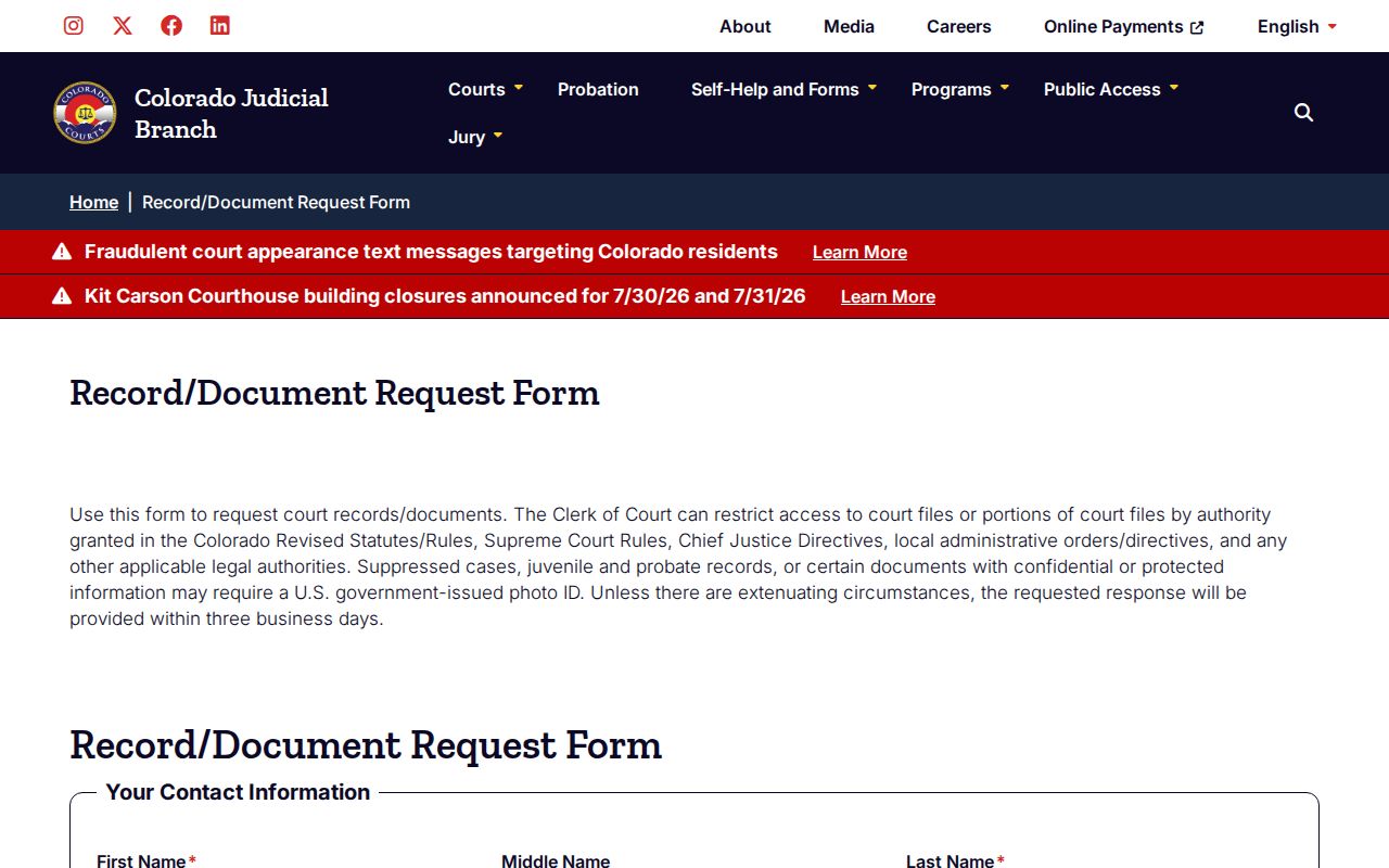 Las Animas County court records document request form